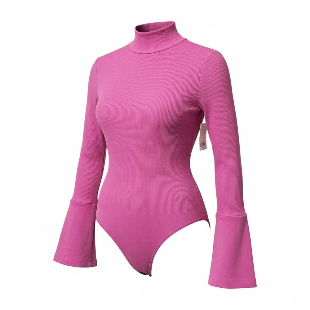 MANGOPOP Collection Ribbed Bodysuit Top Long Sleeve Bell Cuff Pink
